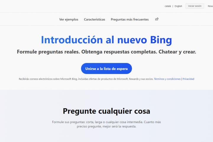 La batalla de los buscadores con IA. Captura del nuevo buscador de Microsoft Bing con IA