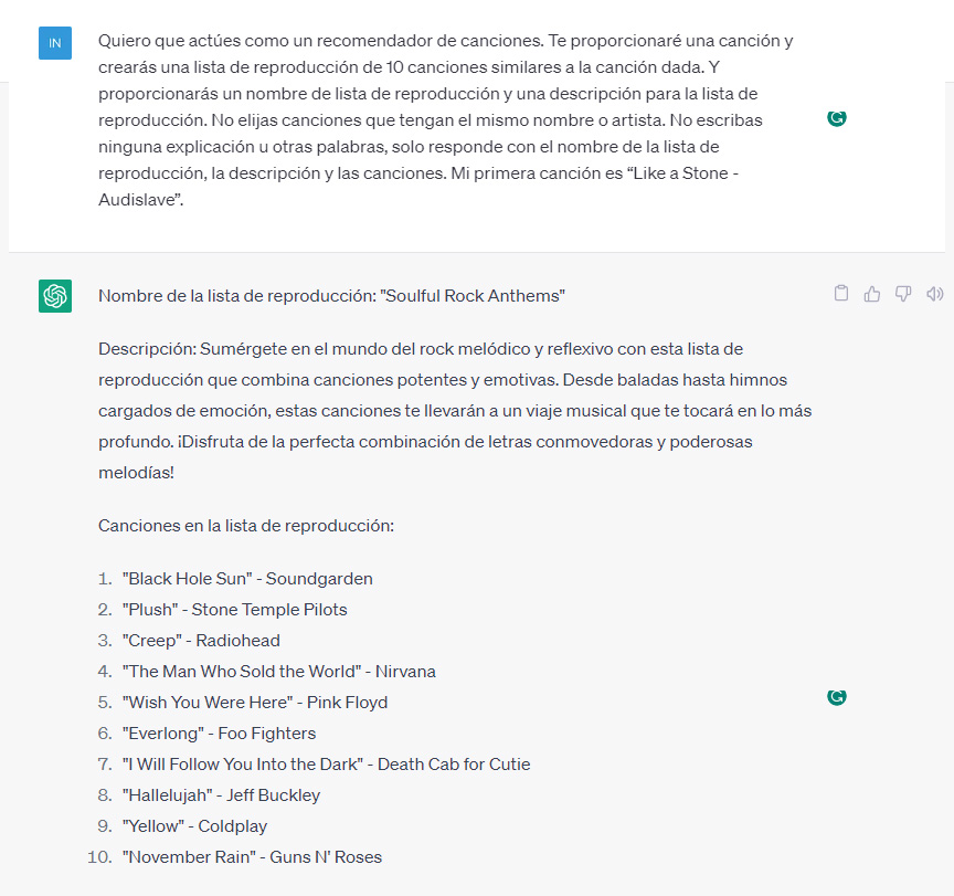Prompt para recomendador de canciones