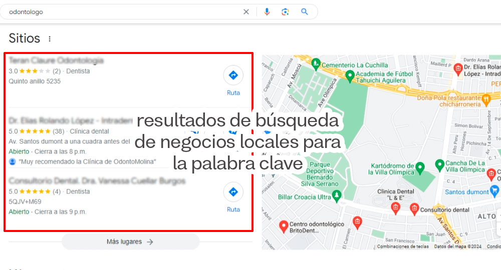 Resultados de búsqueda de negocios locales en Google para una palabra clave