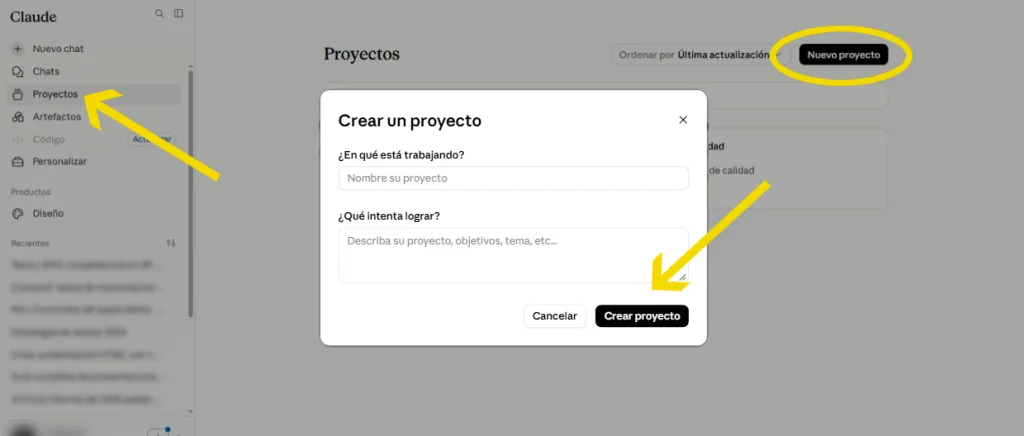 Interfaz de Claude Proyectos mostrando un espacio de trabajo con documentos, instrucciones permanentes y conversaciones organizadas mediante inteligencia artificial.